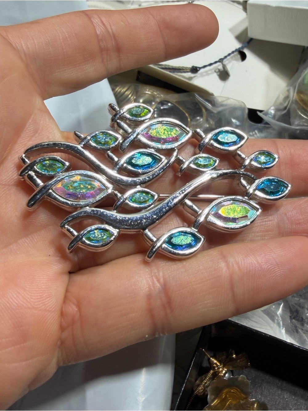 Vintage Swarovski School Of Fish Iridescent Crystals Brooch Pin RARE